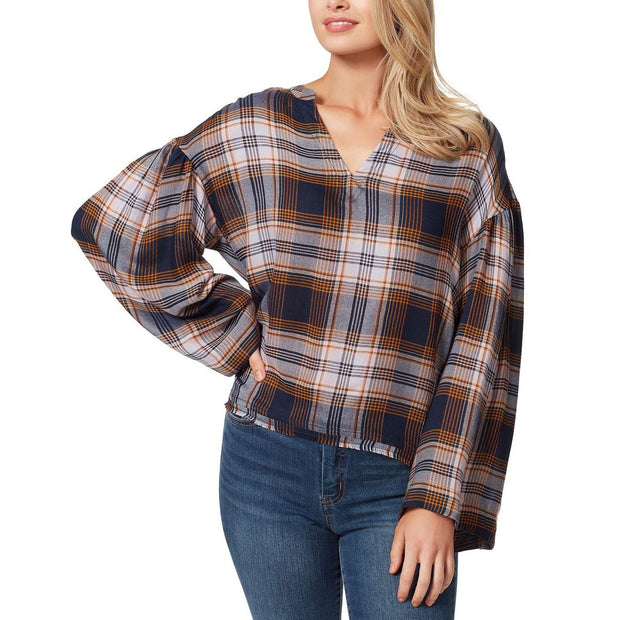 Womens Plaid Notch-Neck Pullover Top