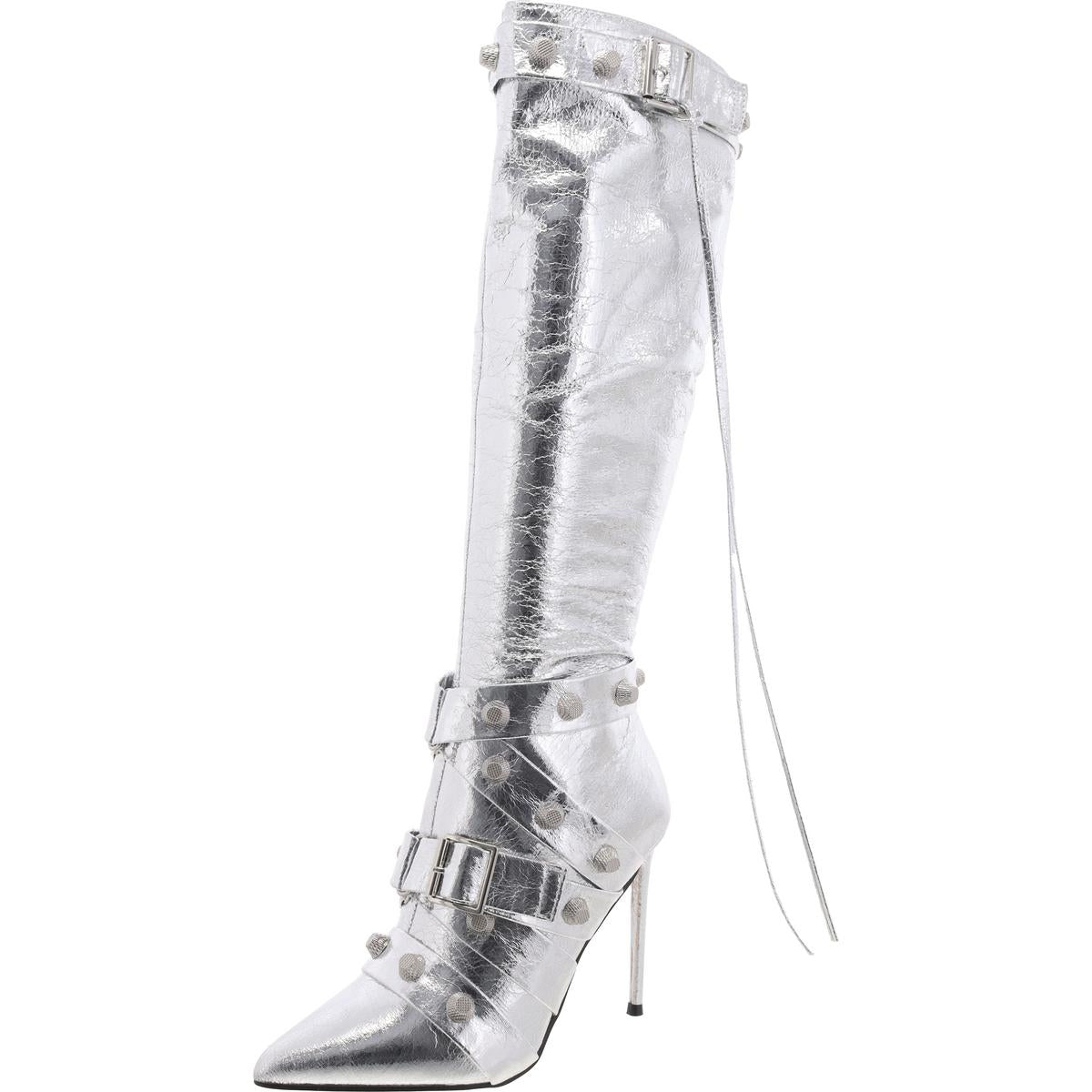 Fink Womens Faux Leather Embellished Knee-High Boots 6.5 Medium Silver