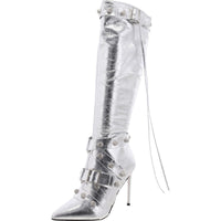 Fink Womens Faux Leather Embellished Knee-High Boots 6.5 Medium Silver