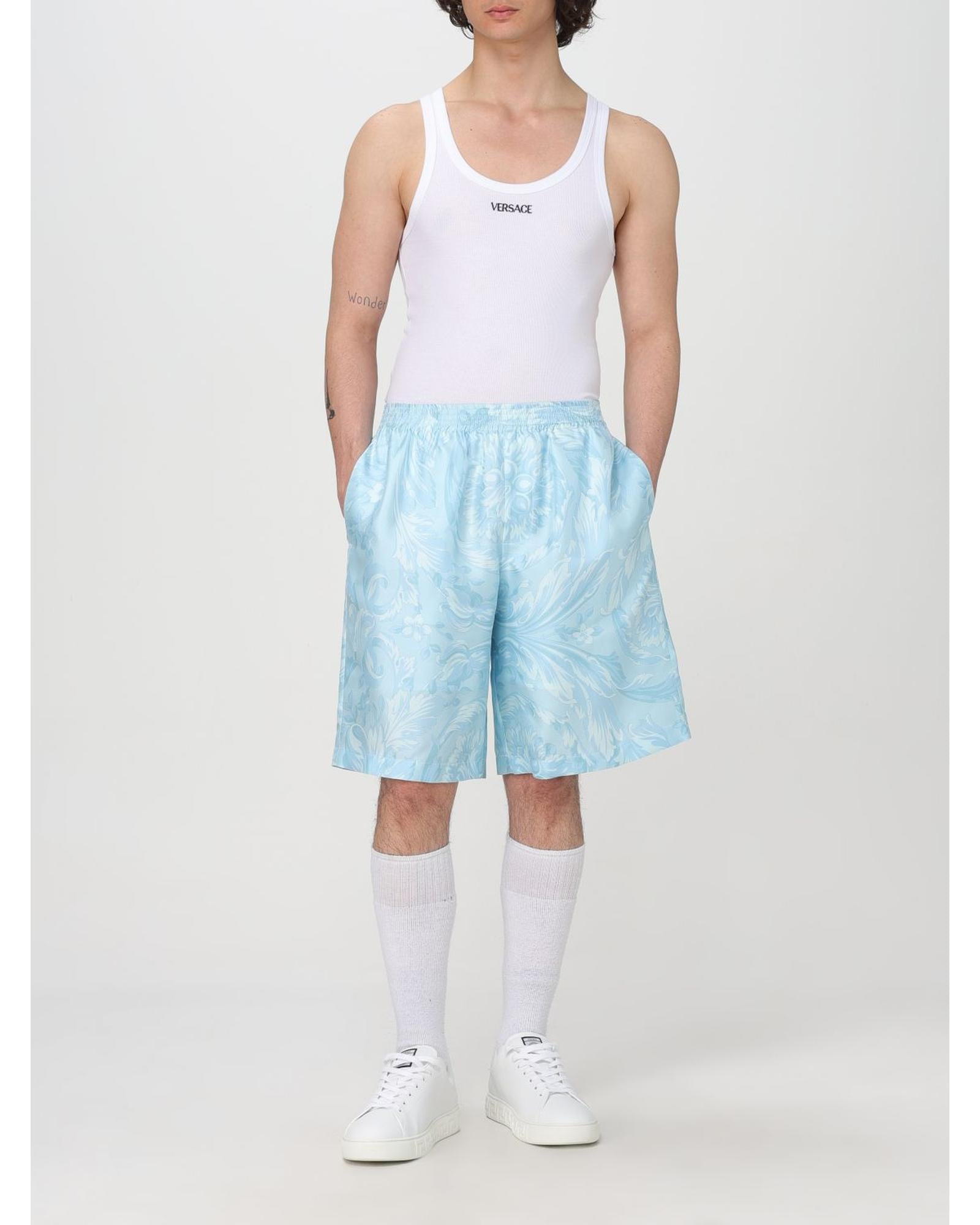 Versace Silk Floral Print Shorts Men Blue