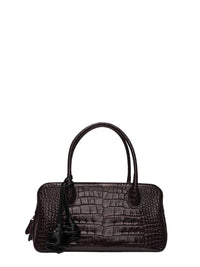 Magda Butrym Women Brigitte Bag In Dark Brown Crocodile-Embossed Leather With A Flower-Shaped Charm.