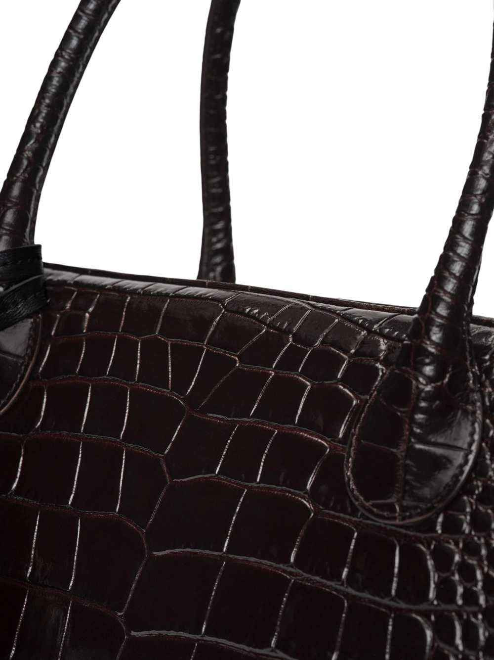 Magda Butrym Women Brigitte Bag In Dark Brown Crocodile-Embossed Leather With A Flower-Shaped Charm.