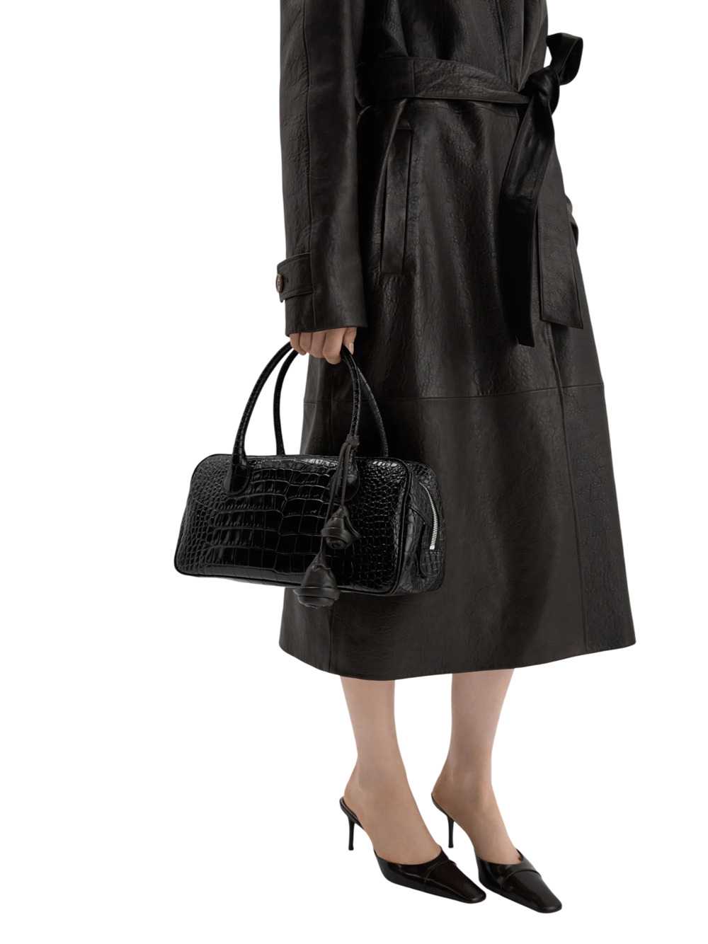 Magda Butrym Women Brigitte Bag In Dark Brown Crocodile-Embossed Leather With A Flower-Shaped Charm.