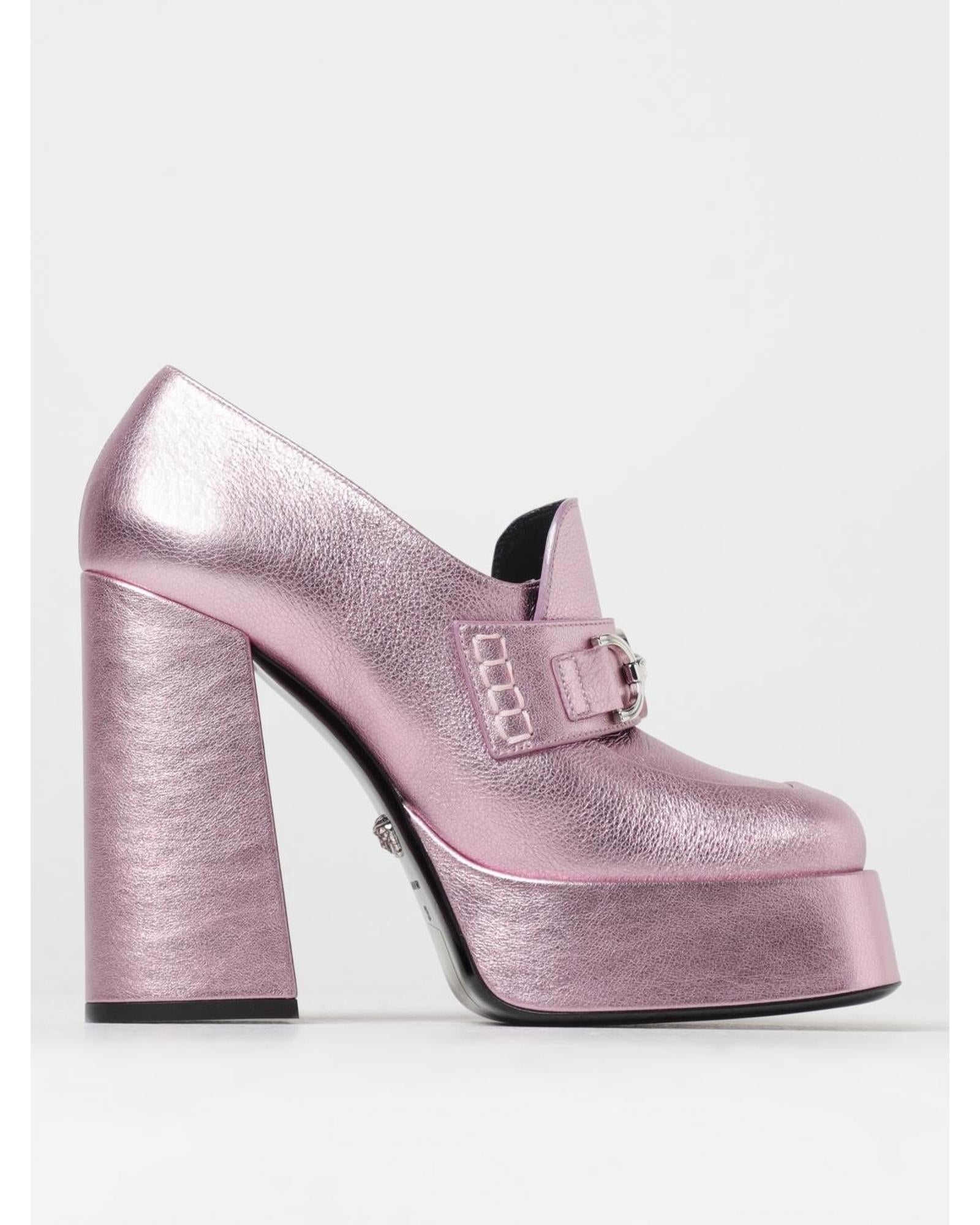 Versace Platform Pump Metallic Leather Heels Women Pink High Heel Shoes