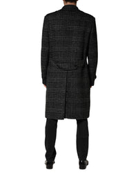 Dolce & Gabbana Grey Double Breasted Plaid Wool Coat Men's Jacket