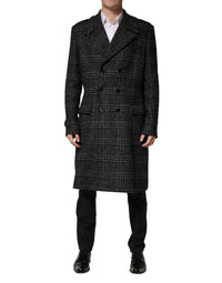 Dolce & Gabbana Grey Double Breasted Plaid Wool Coat Men's Jacket