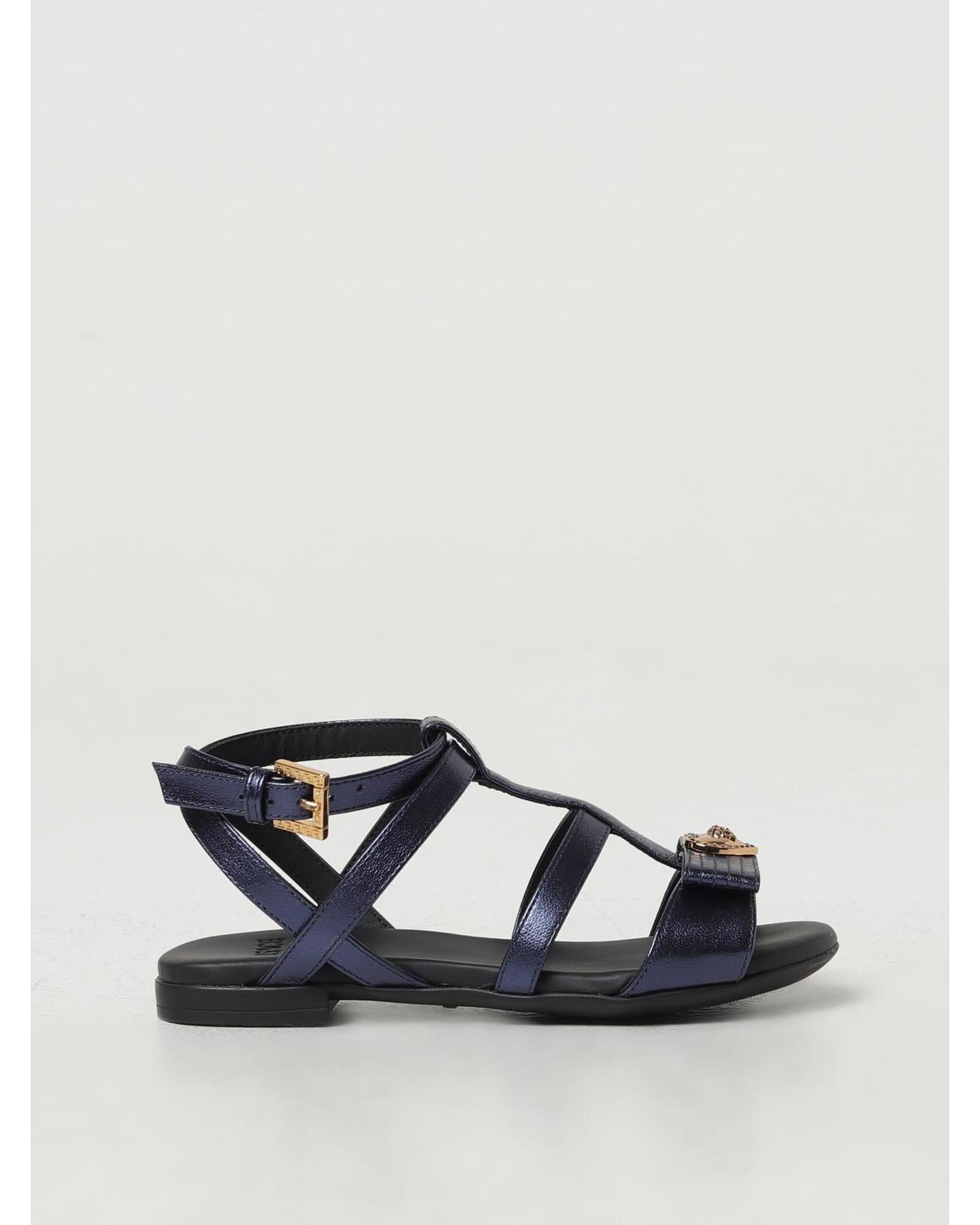 Versace Flat Leather Sandals Bow Accent Kids Blue Shoes