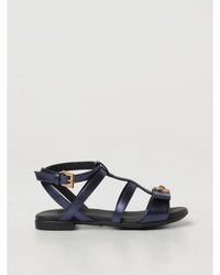Versace Flat Leather Sandals Bow Accent Kids Blue Shoes