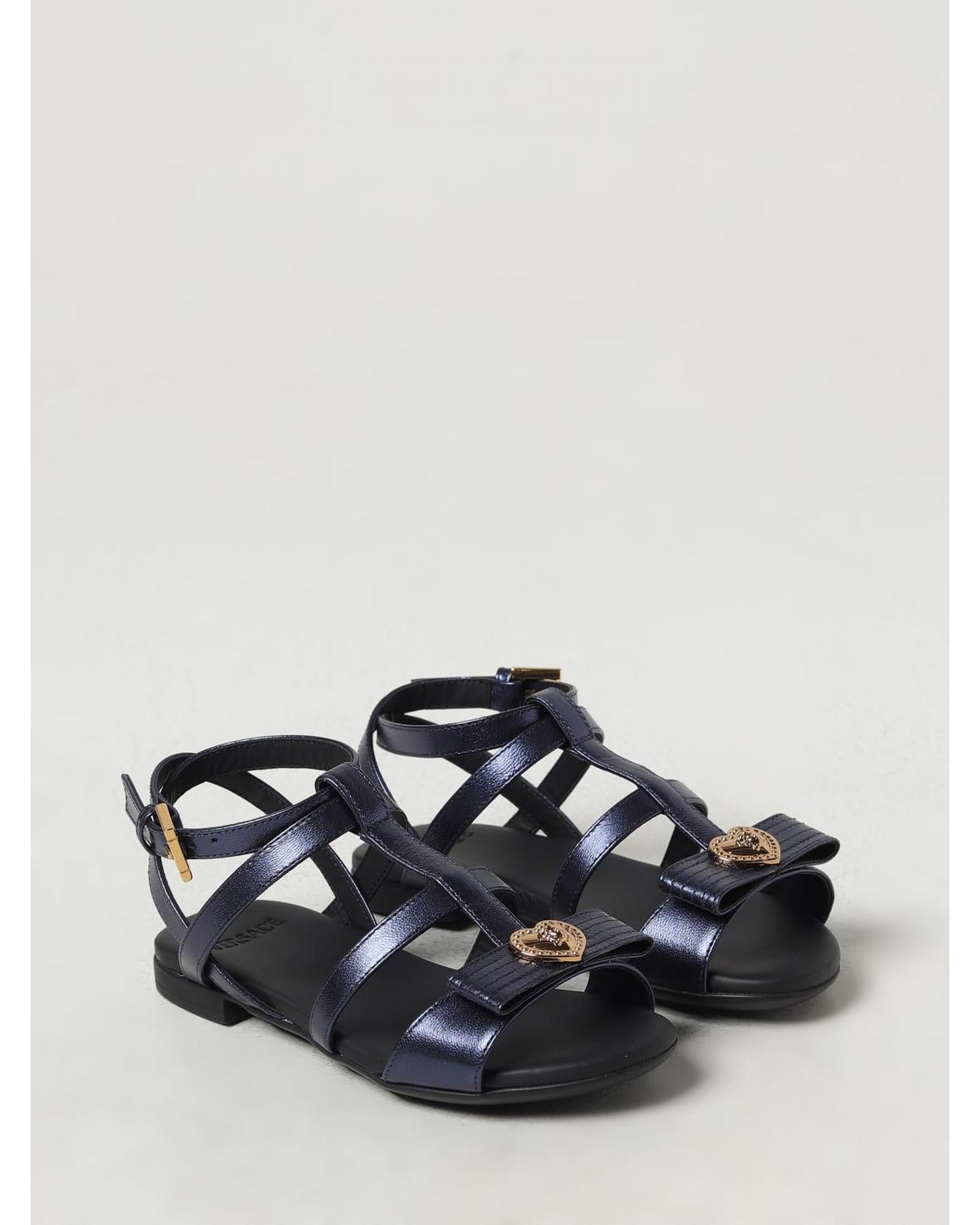 Versace Flat Leather Sandals Bow Accent Kids Blue Shoes