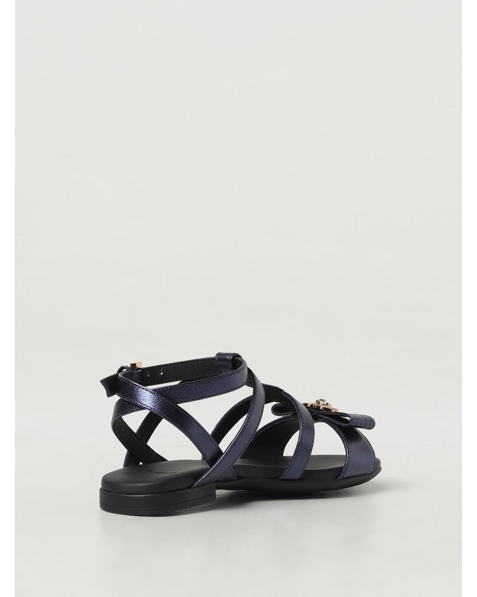 Versace Flat Leather Sandals Bow Accent Kids Blue Shoes