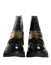 Dolce & Gabbana Black Leather DG Plaque Lace Up Boots Men's Shoes