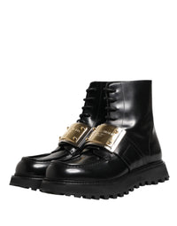 Dolce & Gabbana Black Leather DG Plaque Lace Up Boots Men's Shoes