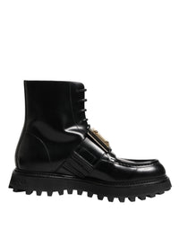 Dolce & Gabbana Black Leather DG Plaque Lace Up Boots Men's Shoes