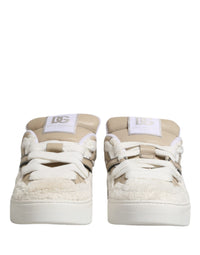 Dolce & Gabbana White Beige Faux Shearling Low Top Sneakers Men's Shoes