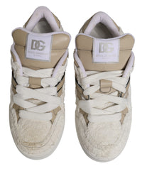 Dolce & Gabbana White Beige Faux Shearling Low Top Sneakers Men's Shoes