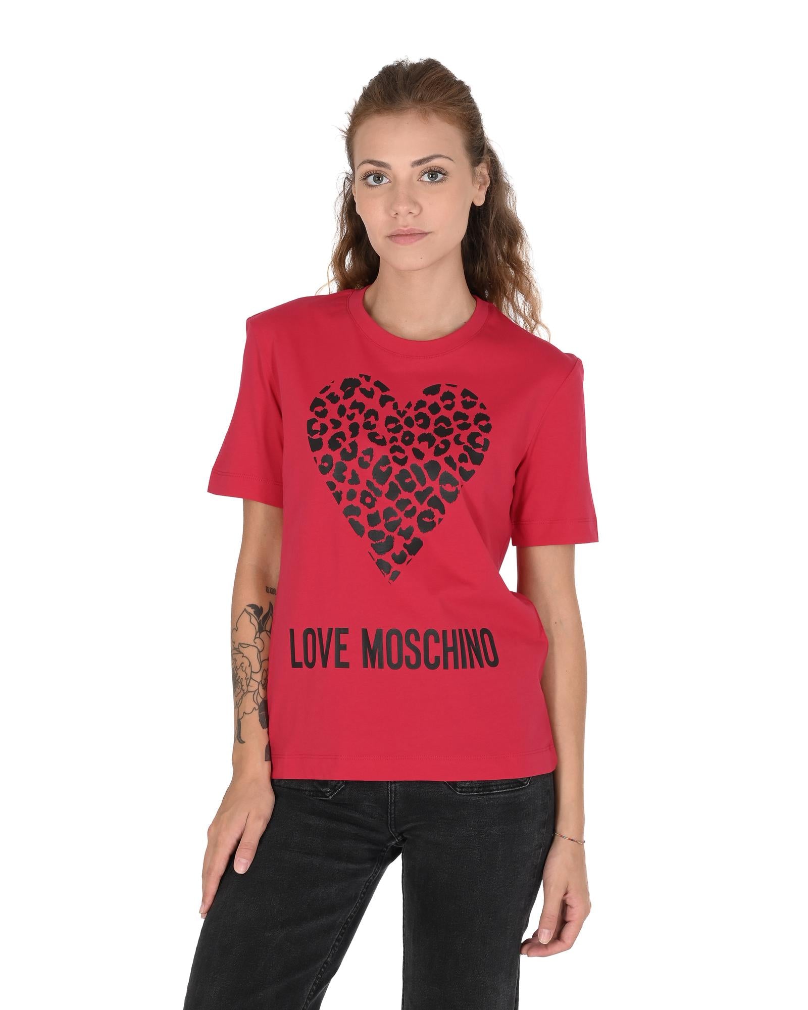 Love Moschino Women's Short Sleeve T-Shirt with Leopard Heart Print Red Red