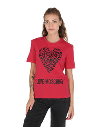 Love Moschino Women's Short Sleeve T-Shirt with Leopard Heart Print Red Red