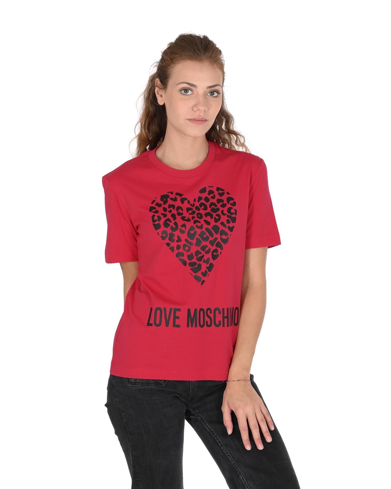 Love Moschino Women's Short Sleeve T-Shirt with Leopard Heart Print Red