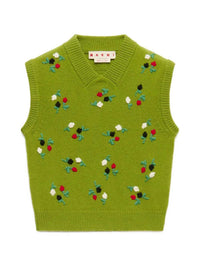 Marni Women Green Wool And Cashmere Vest With Floral Embroidery.