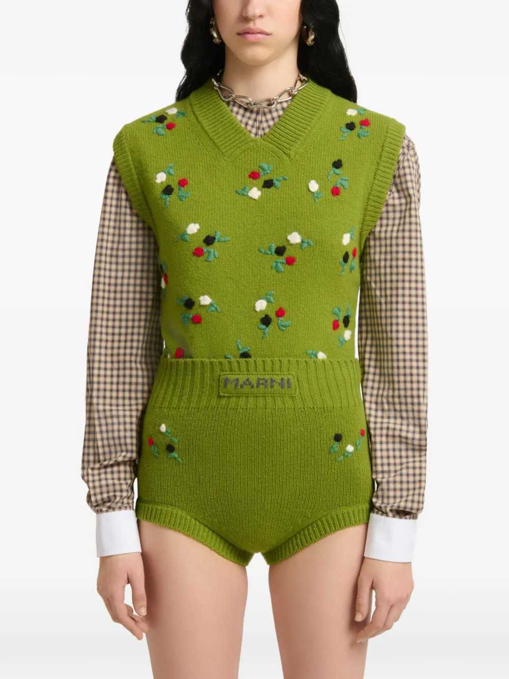 Marni Women Green Wool And Cashmere Vest With Floral Embroidery.