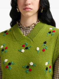 Marni Women Green Wool And Cashmere Vest With Floral Embroidery.