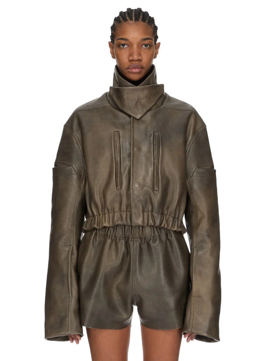 RICK OWENS Rick Owens Women Leather Bomber Jacket - Collared Mac Bomber Washed
