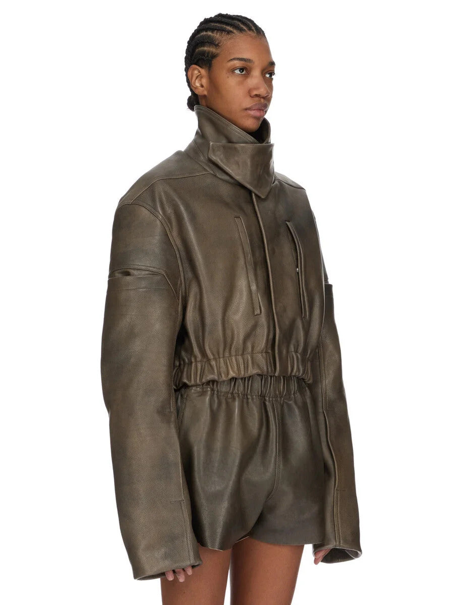 RICK OWENS Rick Owens Women Leather Bomber Jacket - Collared Mac Bomber Washed