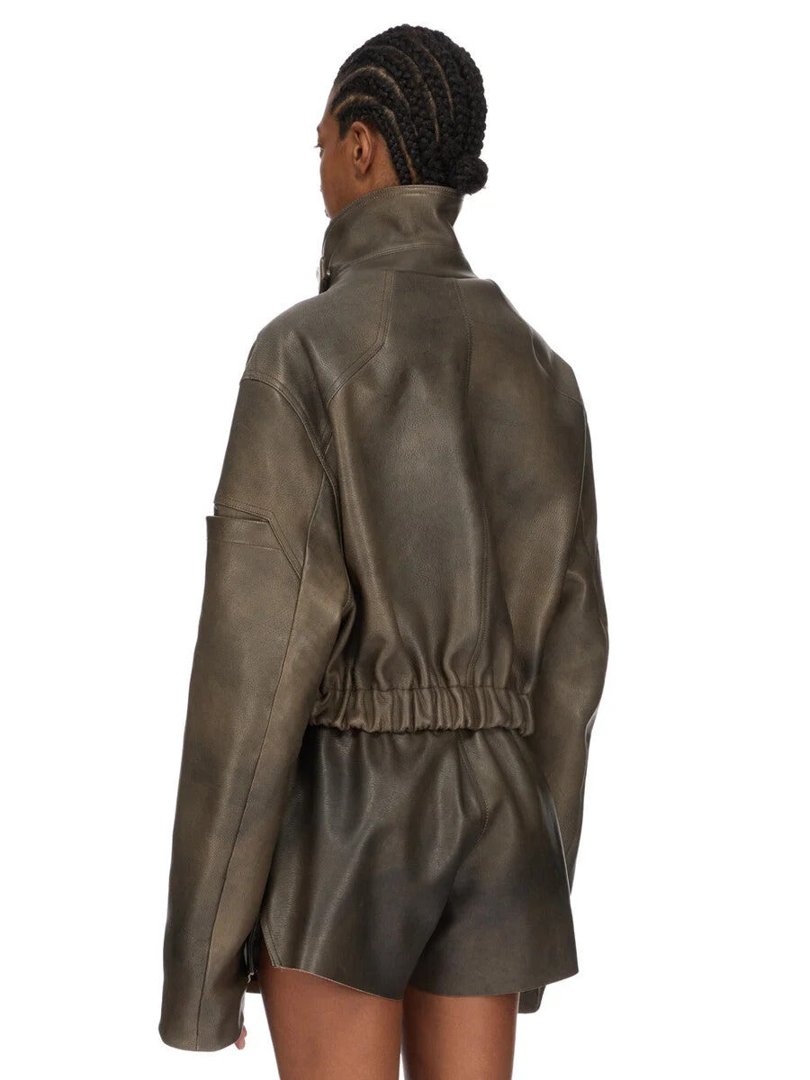 RICK OWENS Rick Owens Women Leather Bomber Jacket - Collared Mac Bomber Washed