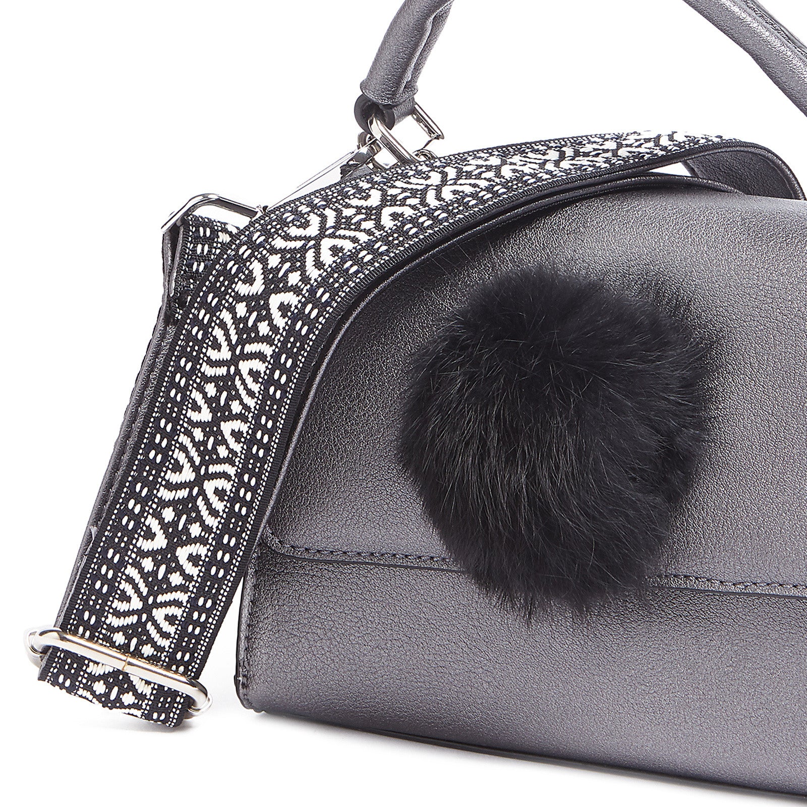Tosca Blu Grey Small Pon Pon Faux Fur Flap Top Handle Bag