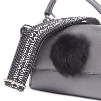 Tosca Blu Grey Small Pon Pon Faux Fur Flap Top Handle Bag