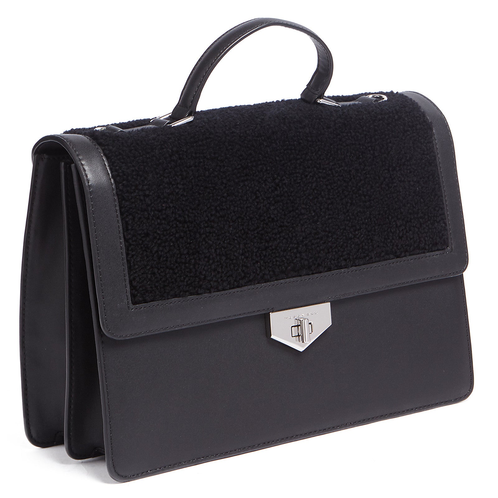 Tosca Blu Black Medium Faux Shearling Flap Top Handle Bag