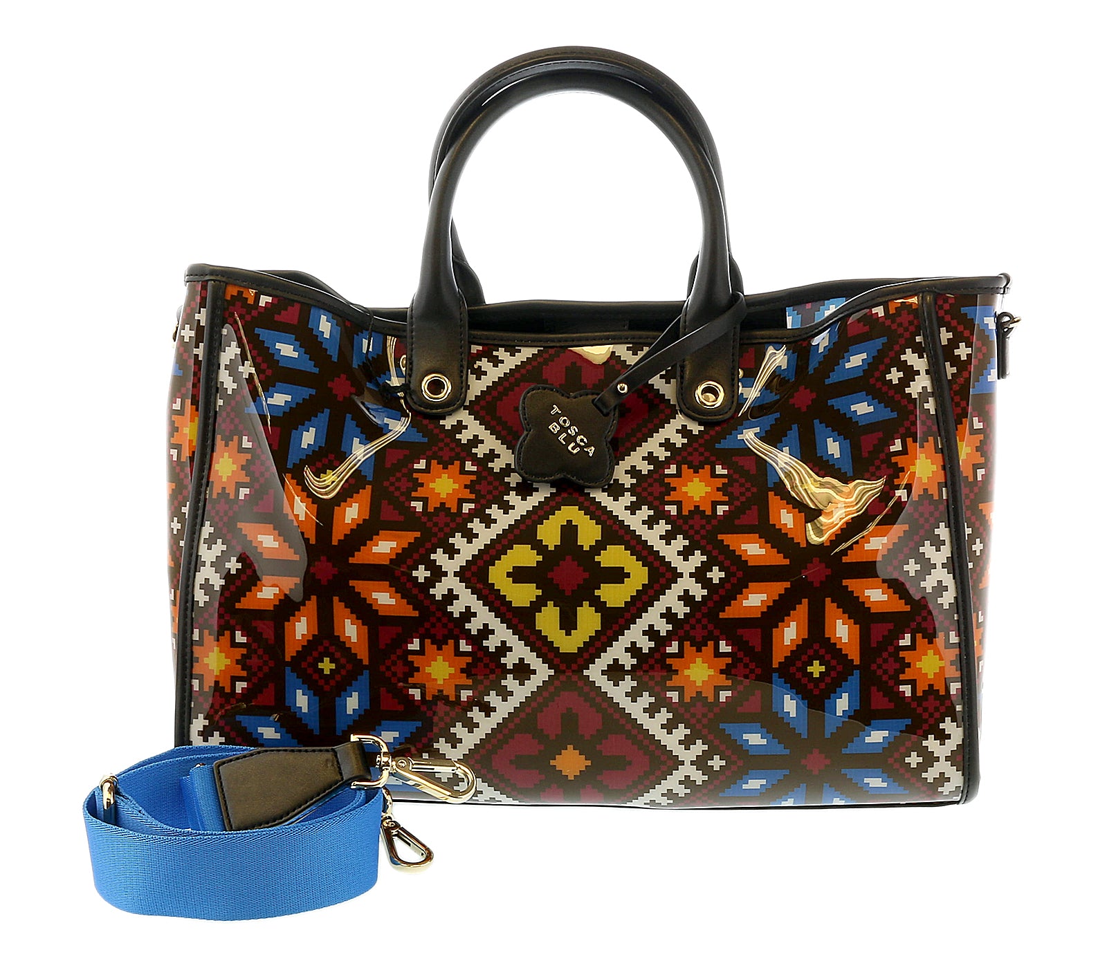 Tosca Blu Black Large Tile Printed Patent Shopper Tote