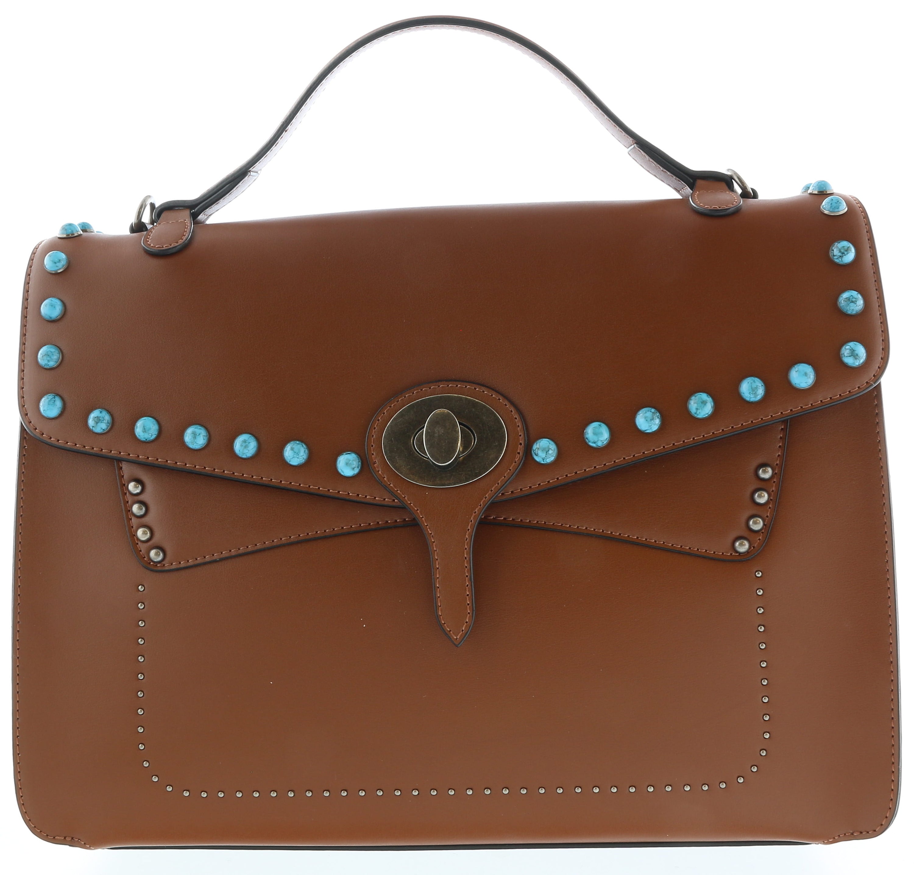 Tosca Blu Tan Small Western Inspired Beaded Flap Top Handle Bag
