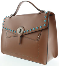 Tosca Blu Tan Small Western Inspired Beaded Flap Top Handle Bag