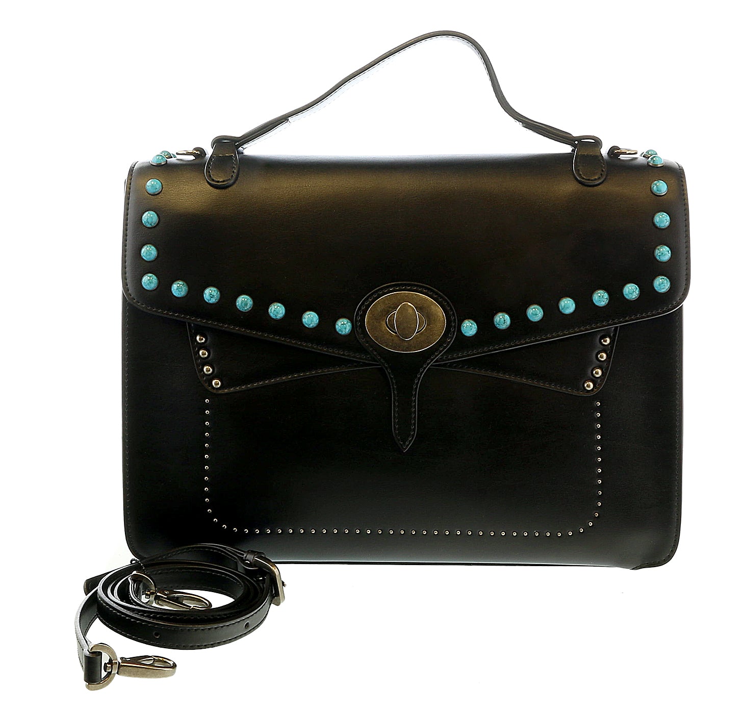 Tosca Blu Black Small Western Inspired Beaded Flap Top Handle Bag