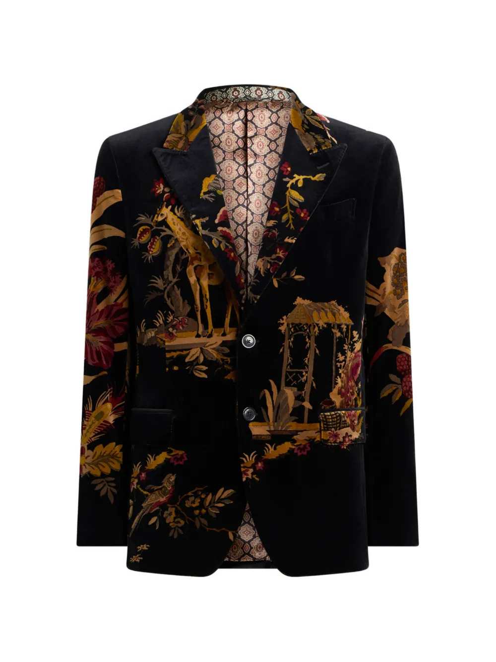 Etro Men Single-Breasted Cotton Velvet Jacket With Applied Floral And Animal Print