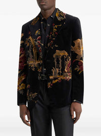 Etro Men Single-Breasted Cotton Velvet Jacket With Applied Floral And Animal Print