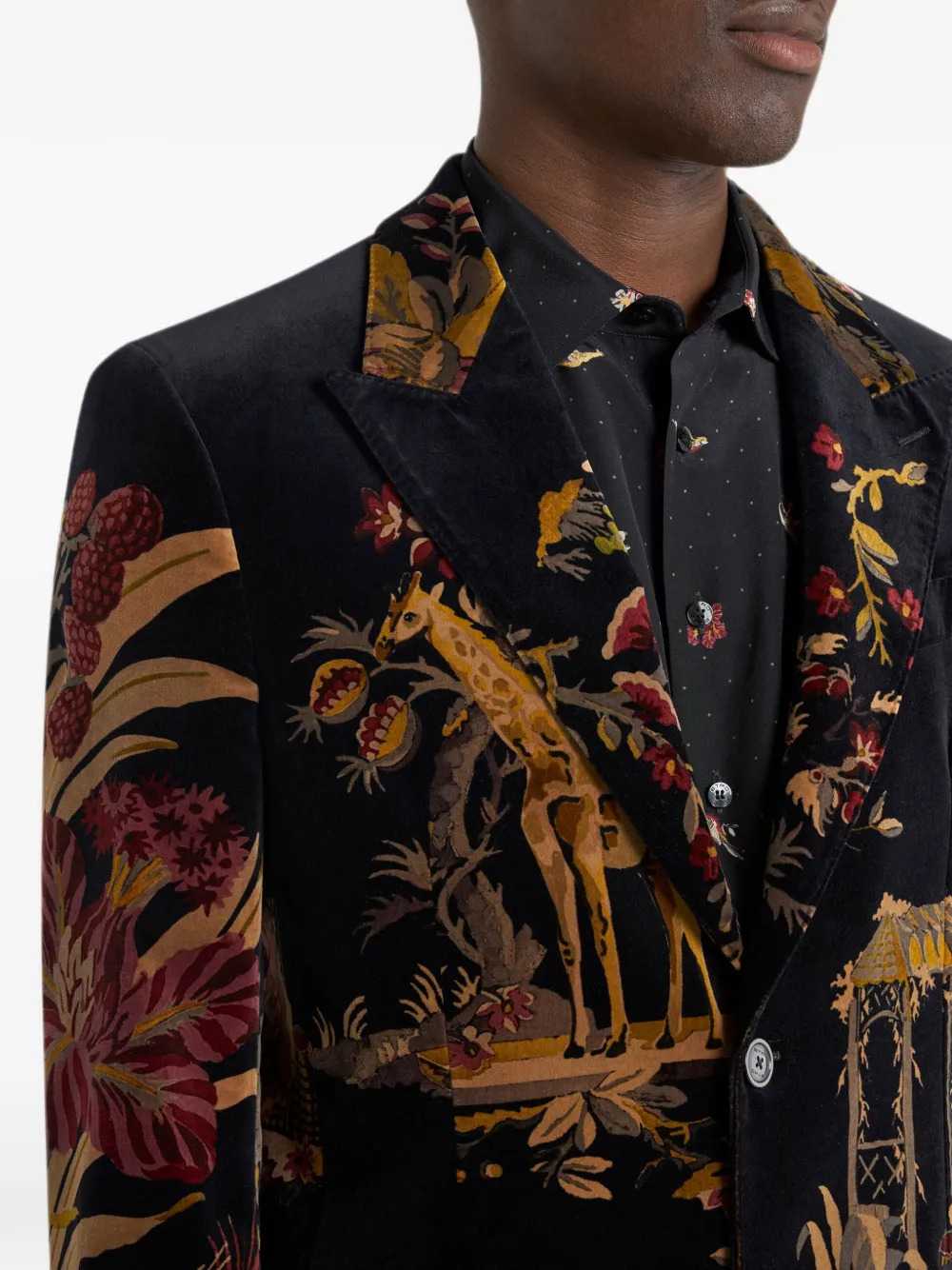 Etro Men Single-Breasted Cotton Velvet Jacket With Applied Floral And Animal Print