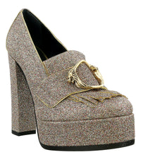 Roberto Cavalli Glitter Silver Gold Glitter Block High Heel -