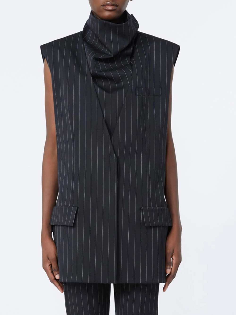 Sportmax Women Pinstriped Wool Sleeveless Jacket - Black