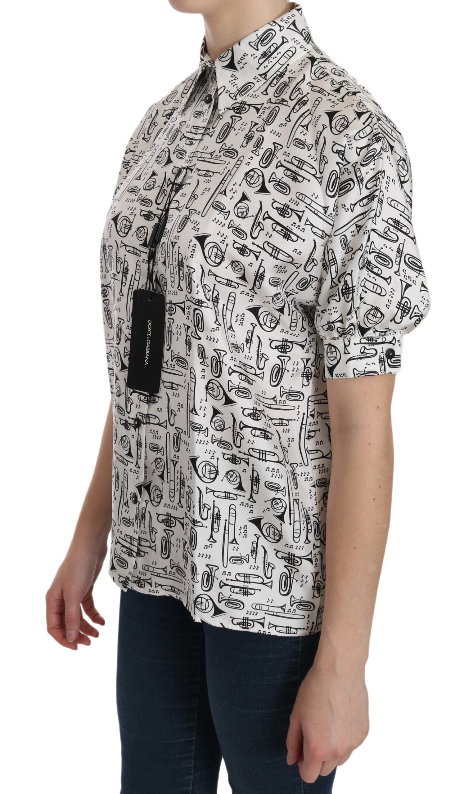 Dolce & Gabbana White Musical Instrument Collared Blouse Women's Shirt