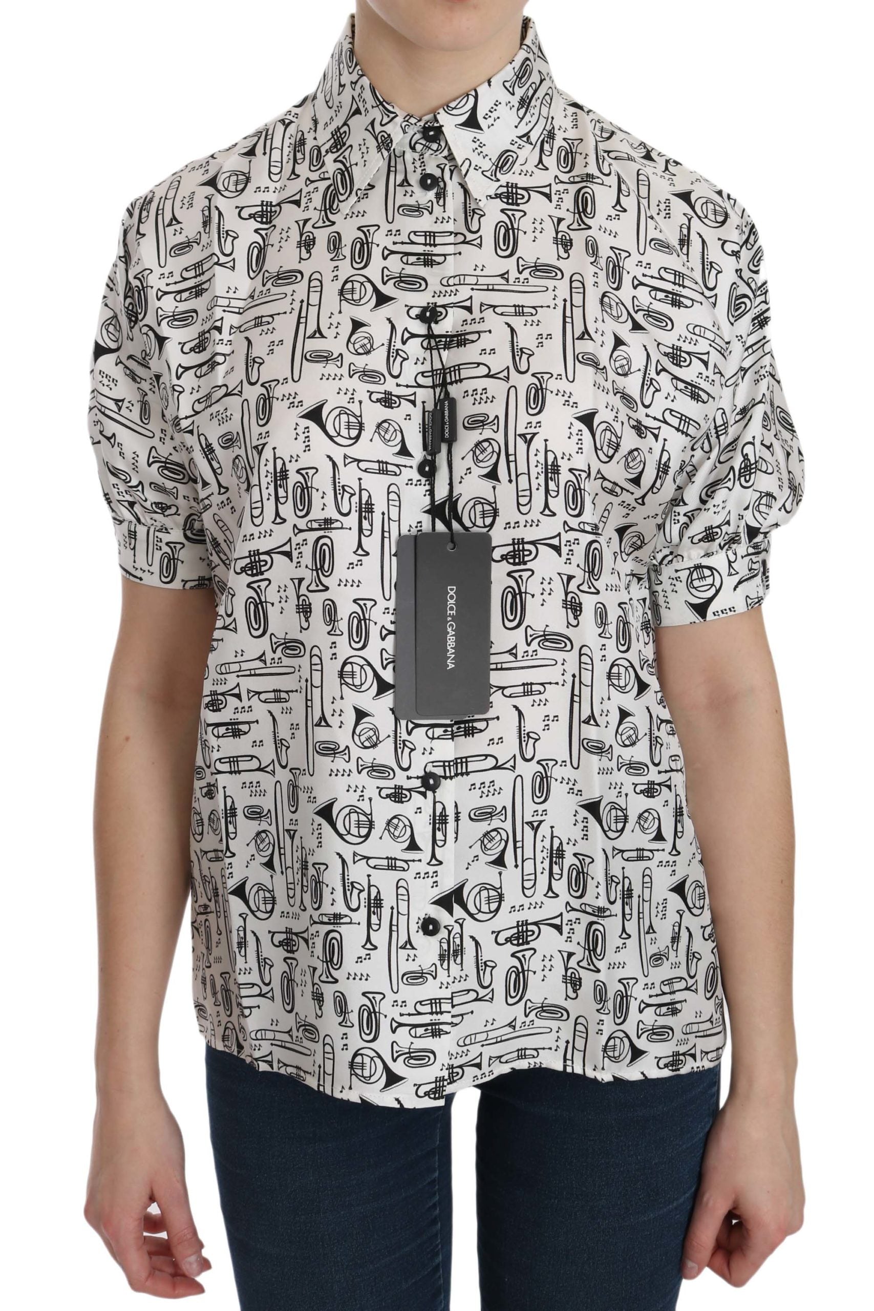 Dolce & Gabbana White Musical Instrument Collared Blouse Women's Shirt