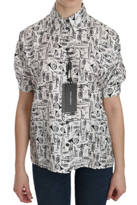 Dolce & Gabbana White Musical Instrument Collared Blouse Women's Shirt
