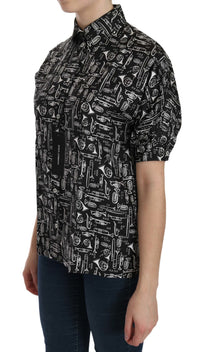 Dolce & Gabbana Black Musical Instrument Collared Blouse Women's Shirt