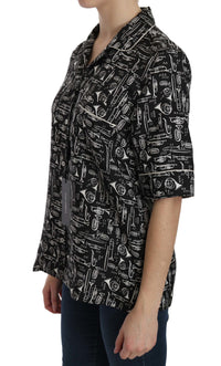 Dolce & Gabbana Black Musical Instrument Print Silk Women's Top