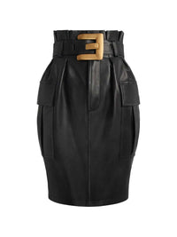 Balmain Women Belted Lambskin Skirt