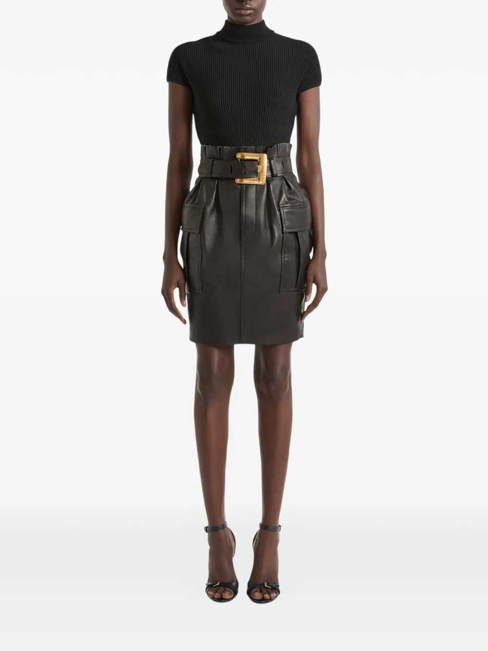 Balmain Women Belted Lambskin Skirt