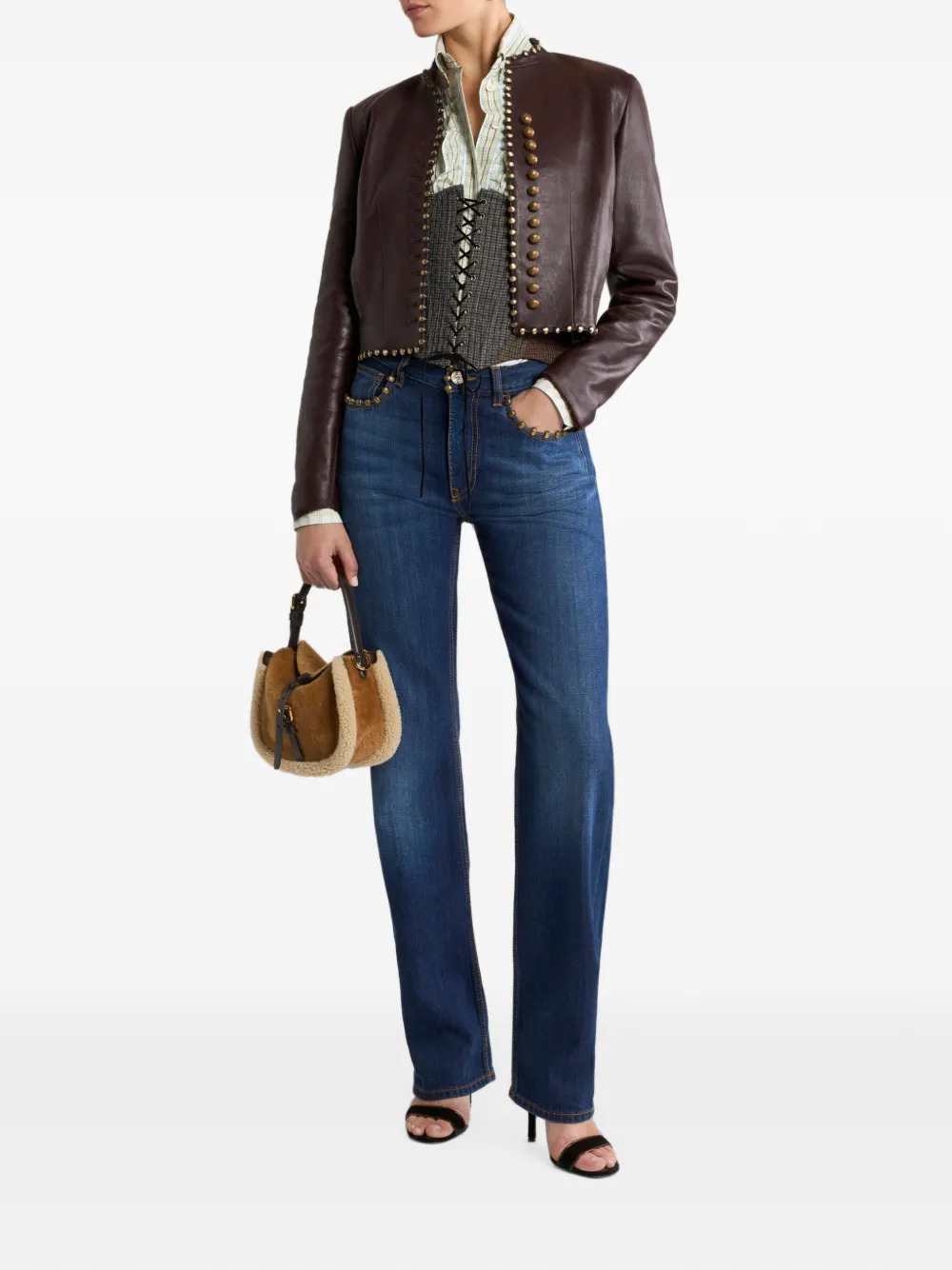 Etro Women Studded Cropped Leather Jacket
