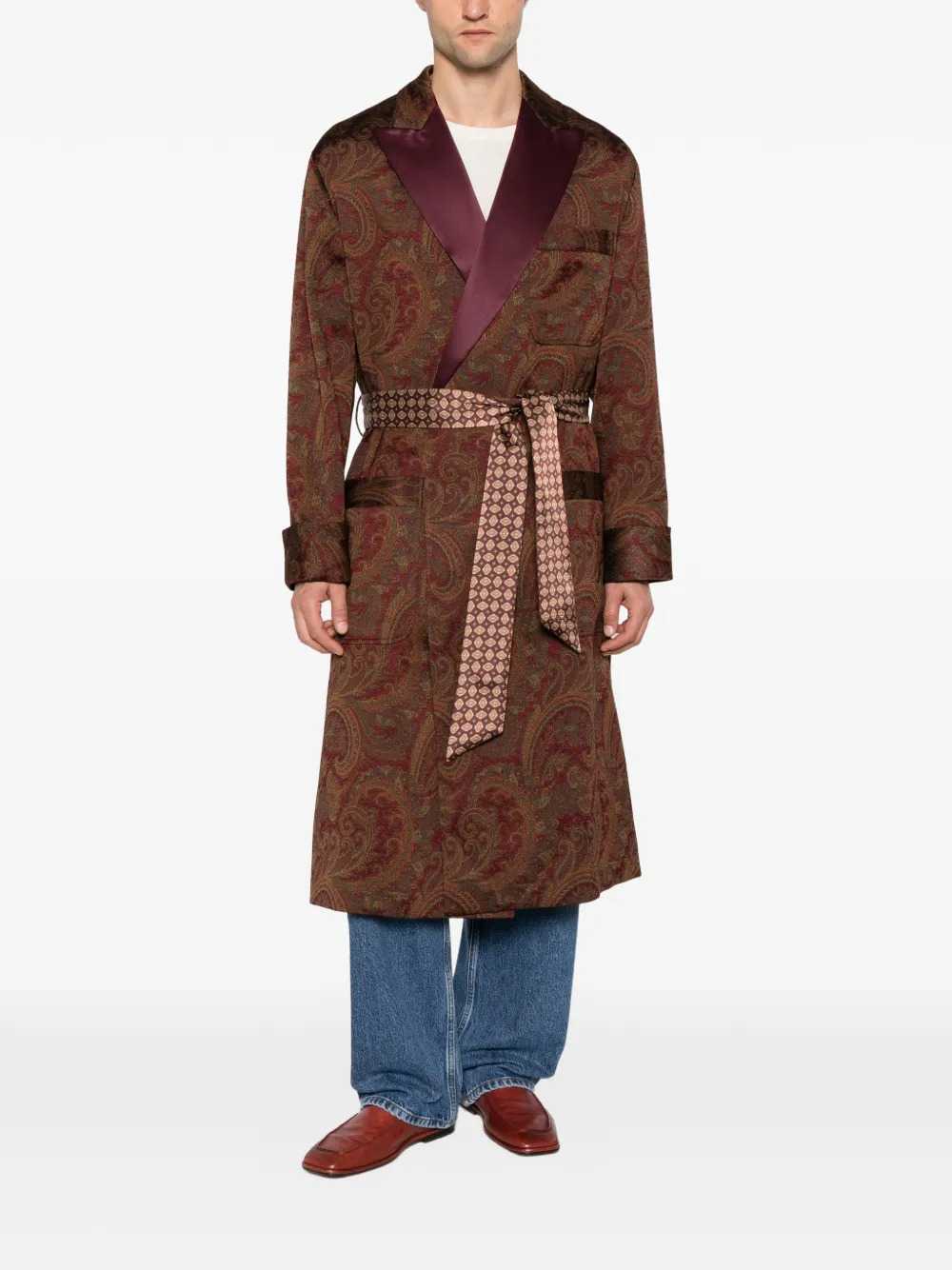 Etro Men Belted Coat With Jacquard Paisley Print