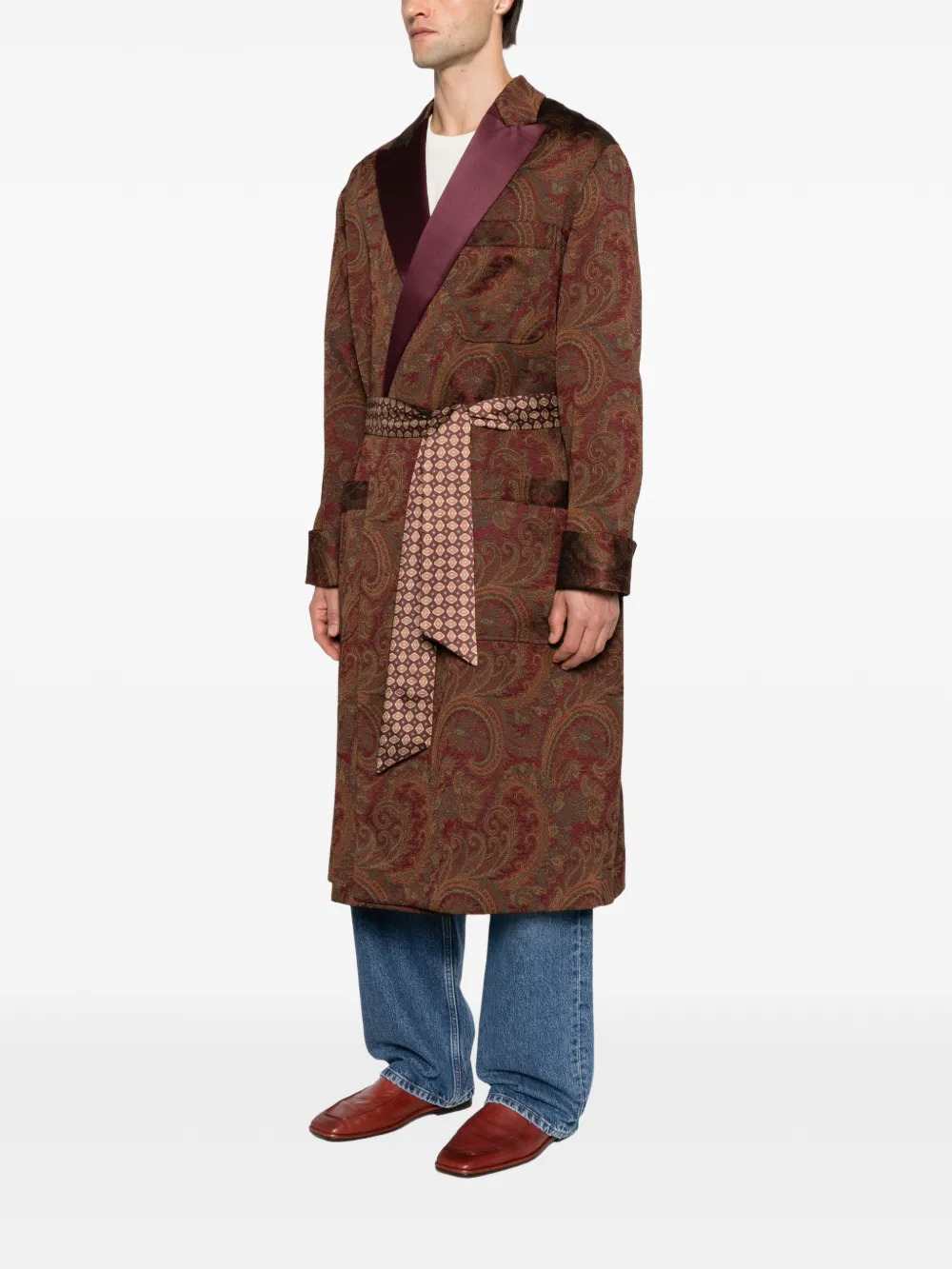 Etro Men Belted Coat With Jacquard Paisley Print